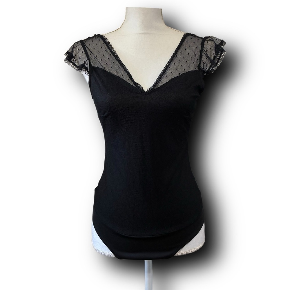 NWOT Black Swiss Dot Lace Cap Sleeve Bodysuit Whimsigoth Soft Grunge Goth Vibes